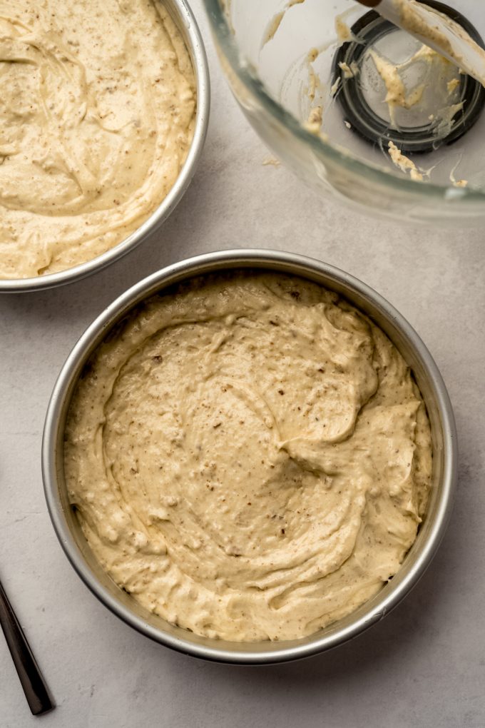 Butter pecan cake batter in a baking pan.