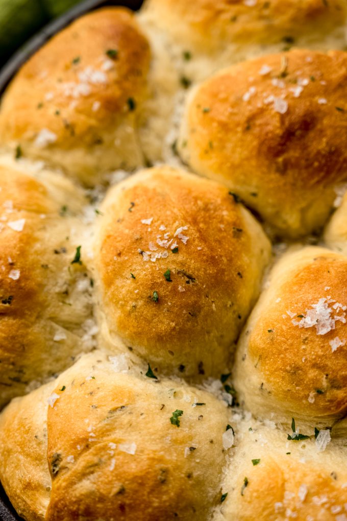 A closeup of herbed skillet rolls.