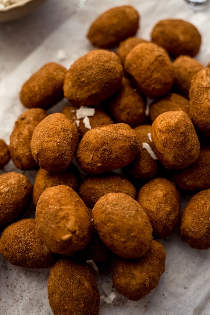 Aerial photo of Irish potato candy on a surface.