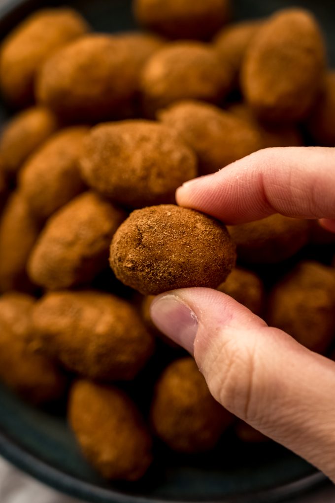 Someone is holding an Irish potato candy between their thumb an pointer finger.