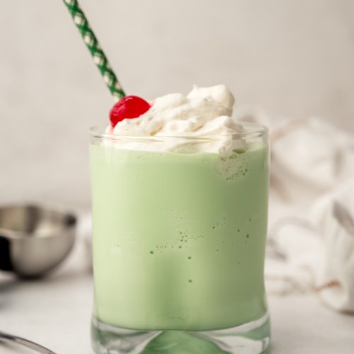 A glass with a homemade Shamrock Shake in it.