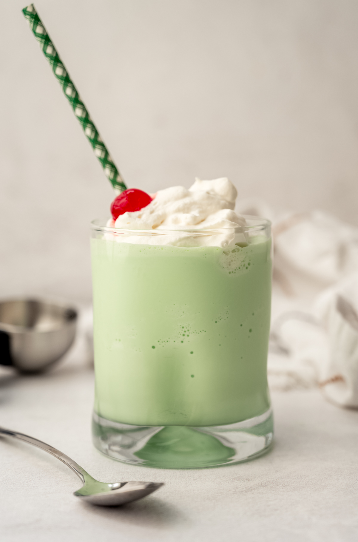 A glass with a homemade Shamrock Shake in it.