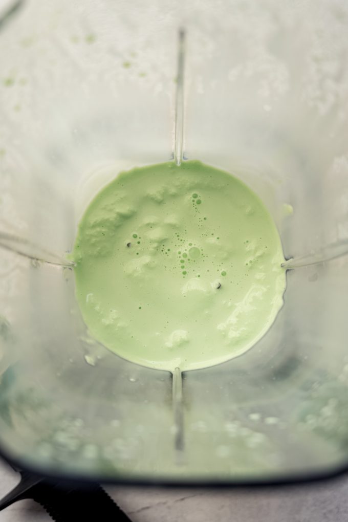 Aerial photo of a blender with homemade Shamrock shake in it.