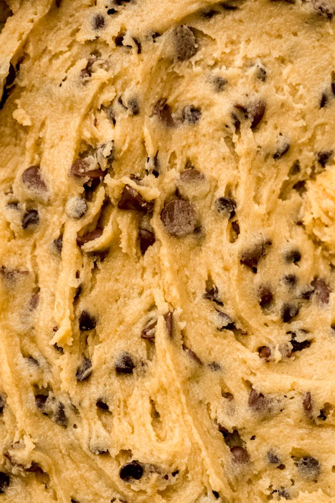 A closeup of sourdough chocolate chip cookie dough.