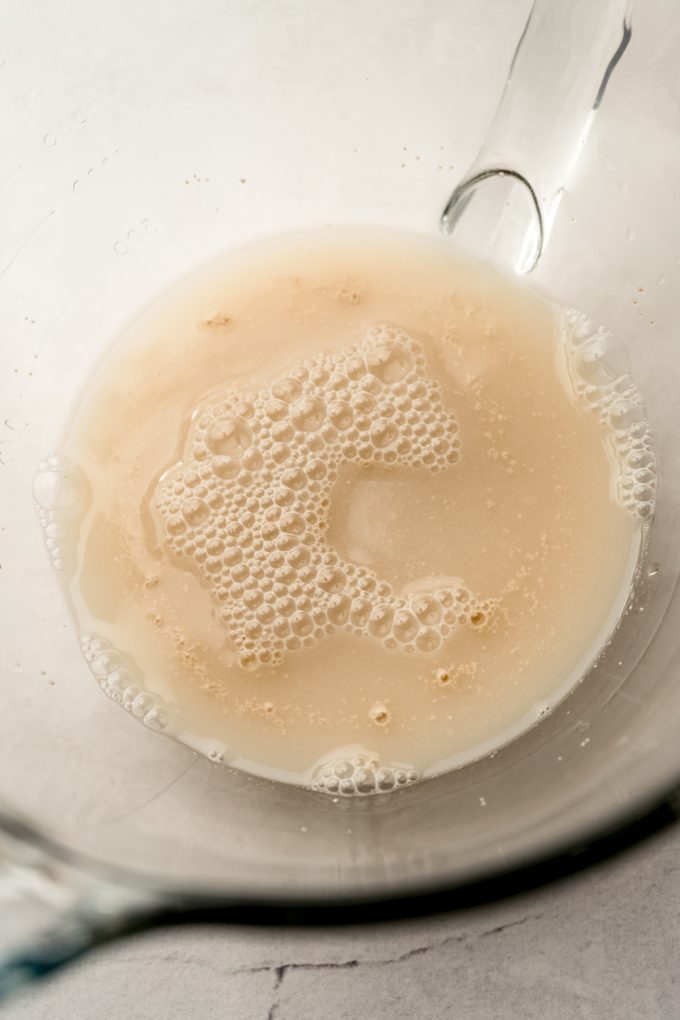 Yeast and water in the bowl of a stand mixer.