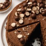 A sliced malt chocolate cake on a plate.