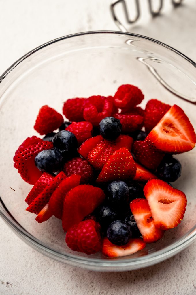 A bowl of blueberries, strawberries, and raspberries.