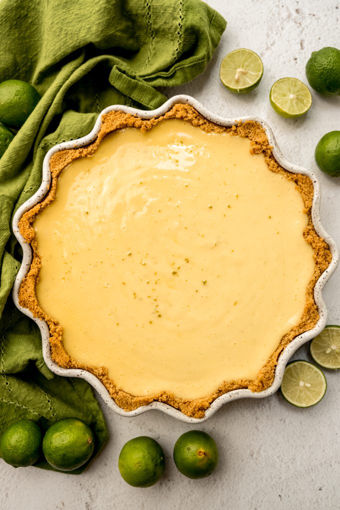 Aerial photo of a baked Key lime pie.