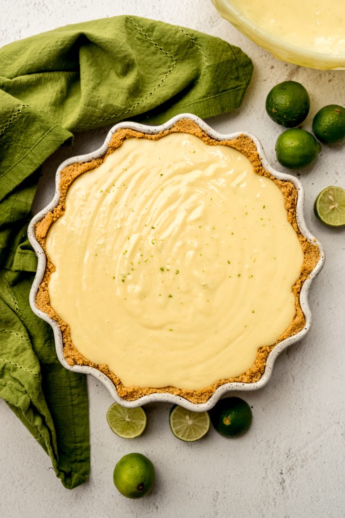 Aerial photo of an unbaked Key lime pie.