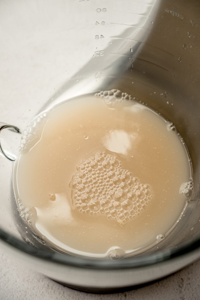 Unproofed yeast in the bottom of a stand mixer bowl.