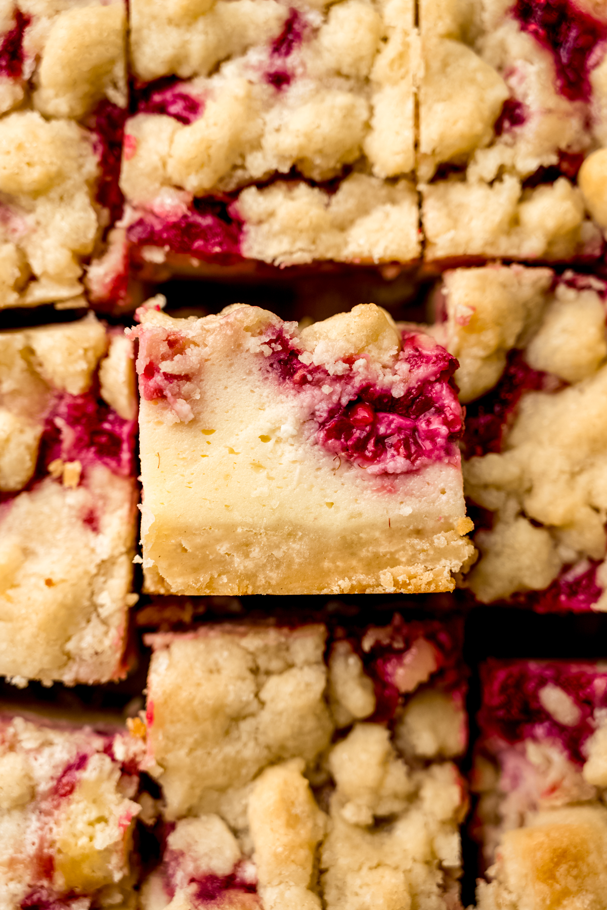 Aerial photo of sliced raspberry cheesecake bars.